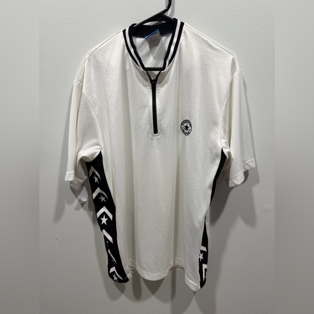 VTG Converse Mens M Shirt White Pullover Quarter Zip Mesh Short Sleeve